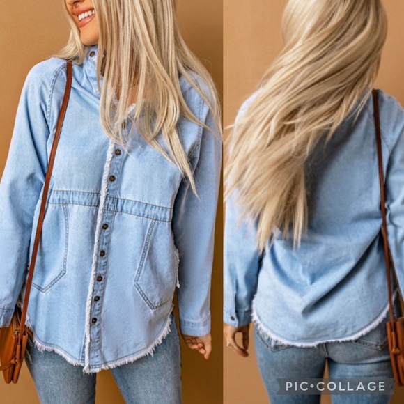 FRAYED Trim Button Front Denim Shirt - Picture 1 of 2